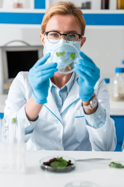 Biologist in white coat looking at leaves in lab — Stock Photo