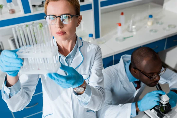 Visão de alto ângulo do biólogo olhando para tubos de ensaio e colega afro-americano usando microscópio — Fotografia de Stock