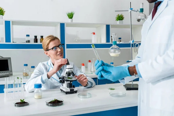 Vue recadrée du biologiste afro-américain tenant une éprouvette et parlant avec un collègue — Photo de stock