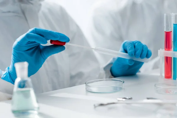 Vista recortada de científico en guantes de látex haciendo prueba de ADN en laboratorio - foto de stock