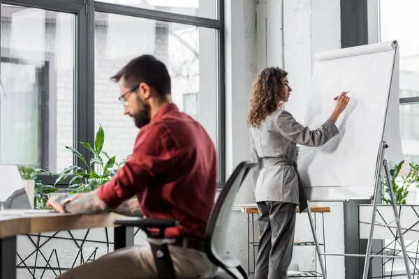 Messa a fuoco selettiva di account manager scrivere su flipchart e la sua collega utilizzando il computer portatile — Foto stock