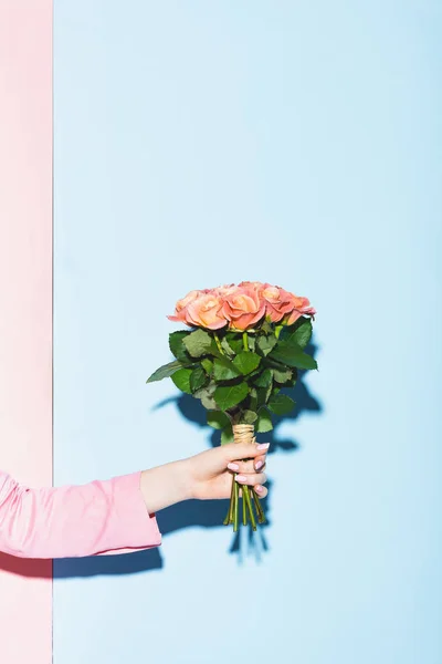 Vue recadrée de la femme tenant bouquet sur fond rose et bleu — Photo de stock