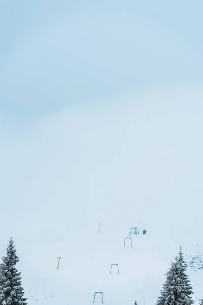 Scenic view of Gondola lift in snowy mountains with pine trees — Stock Photo