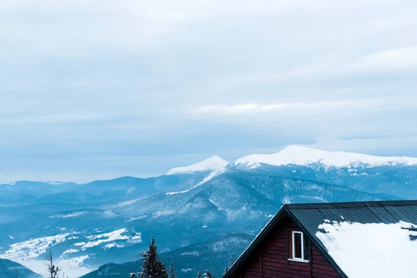 Vista panorámica de las montañas nevadas con pinos y casa de madera - foto de stock