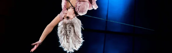 Панорамный снимок привлекательного воздушного акробата, выступающего в цирке — стоковое фото