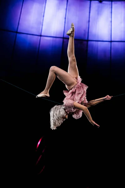 Привлекательный воздушный акробат, выступающий в цирке рядом с синим светом — стоковое фото