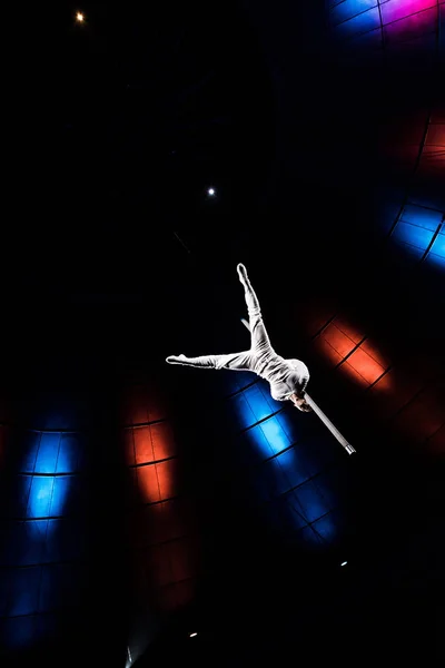 Низкий угол обзора атлетического акробата балансирующего на металлическом полюсе на арене цирка — стоковое фото