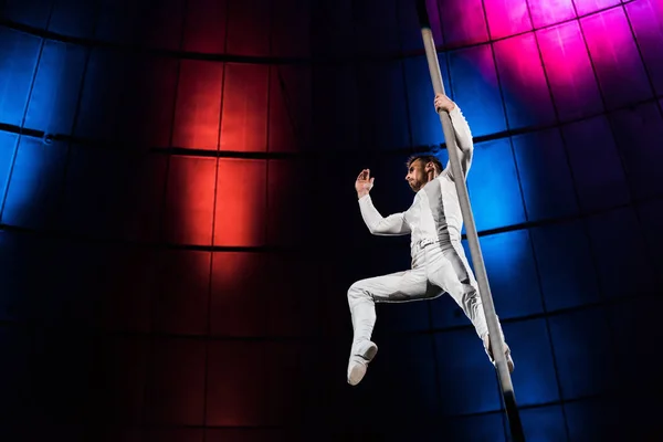 Side view of acrobat posing while performing and holding metallic pole — Stock Photo