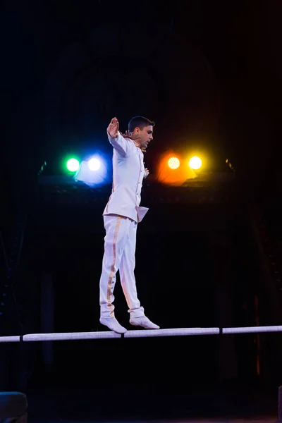 Side view of gymnast in costume balancing while walking with outstretched hands on pole in arena of circus — Stock Photo