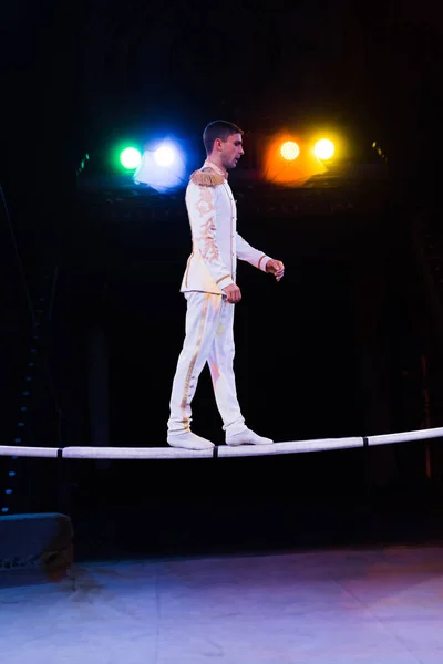 Side view of handsome gymnast in costume balancing while walking on pole in arena of circus — Stock Photo