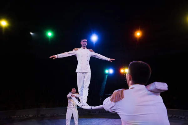 Messa a fuoco selettiva del bel acrobata bilanciamento sul palo vicino agli uomini nel circo — Foto stock