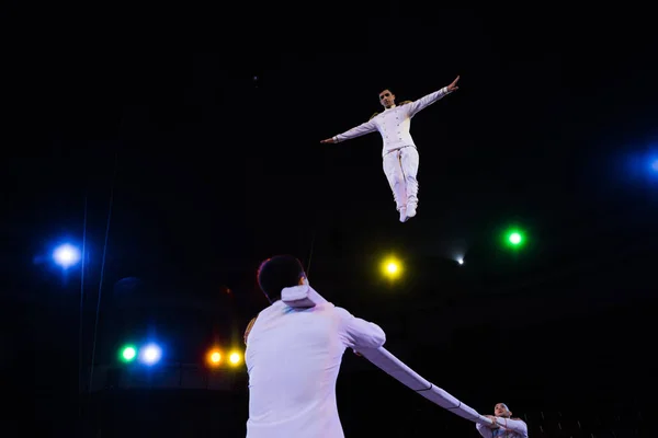 Visão de baixo ângulo de acrobata de ar com as mãos estendidas pulando perto do pólo na arena de circo — Fotografia de Stock