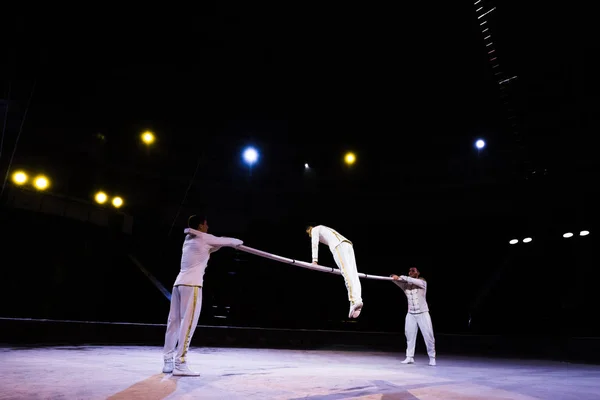 Vista trasera de acrobat de aire saltando cerca de polo y los hombres en circo - foto de stock