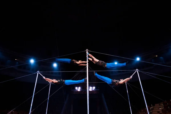 Low angle view acrobats performing on horizontal bars in circus — Stock Photo