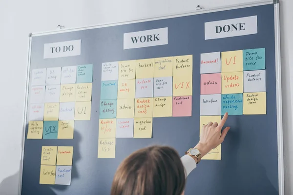 Rückseite von Scrum Master zeigt mit dem Finger auf Schreiben von Regressionstestbuchstaben auf Haftnotiz — Stockfoto