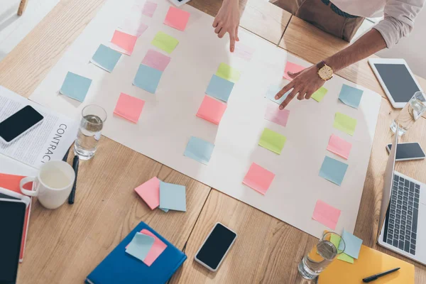 Cropped view of businesswoman pointing with finger at sticky note near businessman — Stock Photo