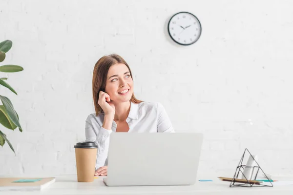 Happy businesswoman dreaming and chilling in office — Stock Photo
