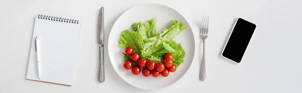 Vue du dessus du carnet, légumes crus sur plaque et smartphone sur fond blanc, prise de vue panoramique — Photo de stock