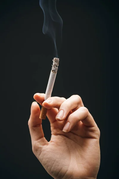 Cropped view of woman holding cigarette isolated on black — Stock Photo