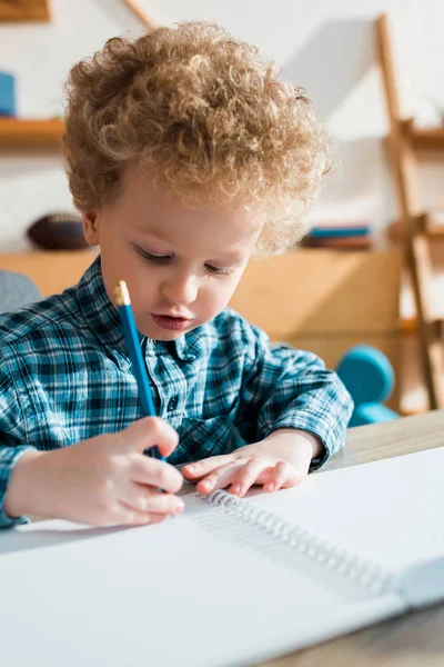 Garoto inteligente e encaracolado desenho com lápis azul no papel — Fotografia de Stock