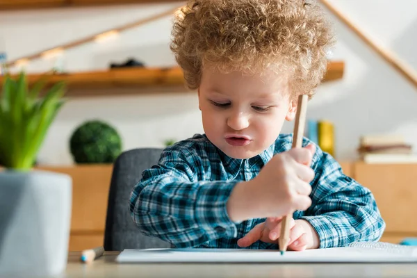 Fuoco selettivo di bambino intelligente e riccio che disegna su carta — Foto stock