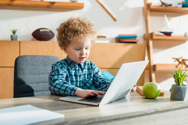 Niño inteligente y rizado usando el ordenador portátil cerca de Apple - foto de stock