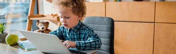 Panoramic shot of cute kid using laptop at home — Stock Photo