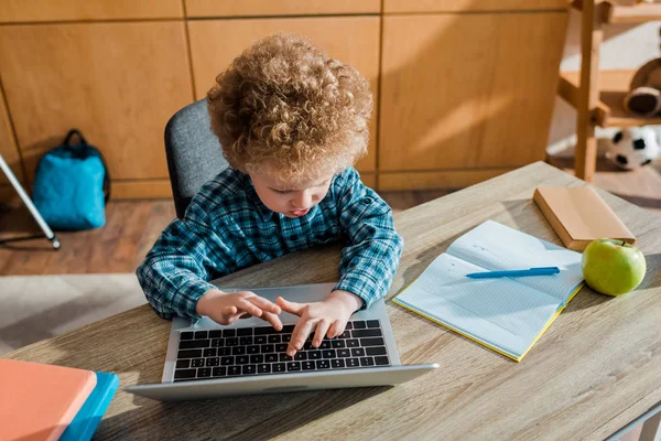 Vista aérea de niño lindo escribiendo en el ordenador portátil en casa - foto de stock