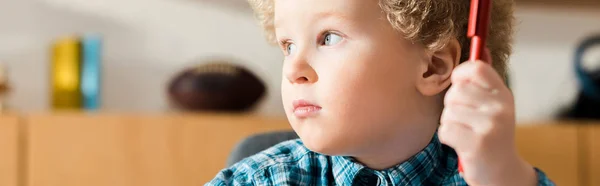 Tiro panorámico de niño lindo mirando hacia otro lado y la celebración de la pluma - foto de stock