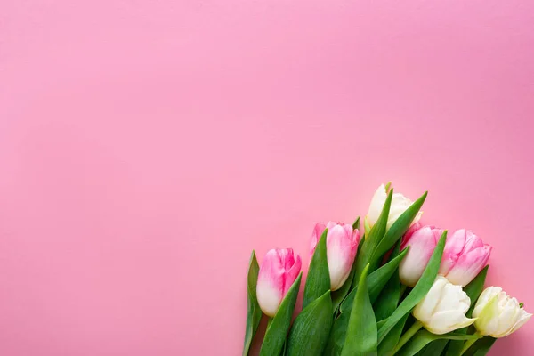 Vista superior do buquê de tulipas no fundo rosa com espaço de cópia — Fotografia de Stock