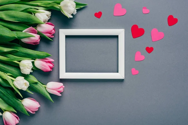 Вид сверху на белую пустую рамку с бумажными сердечками и тюльпанами на сером фоне — стоковое фото