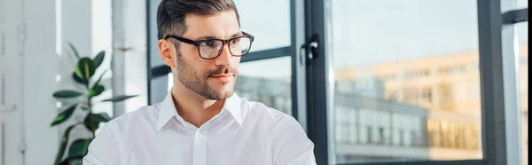 Panoramic shot of professional male translator in eyeglasses sitting in modern office — Stock Photo
