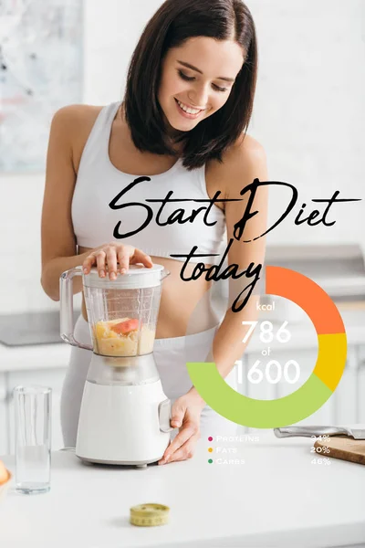 Beautiful smiling sportswoman preparing smoothie near start diet today illustration — Stock Photo