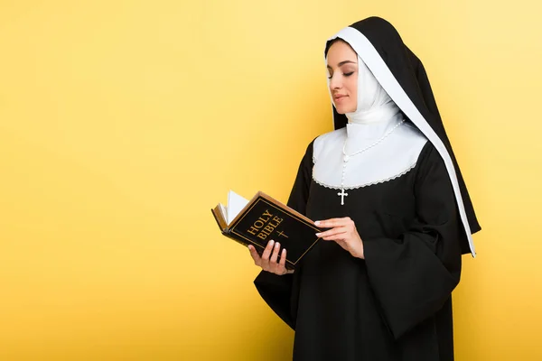 Schöne lächelnde Nonne beim Lesen der Heiligen Bibel auf grau — Stockfoto