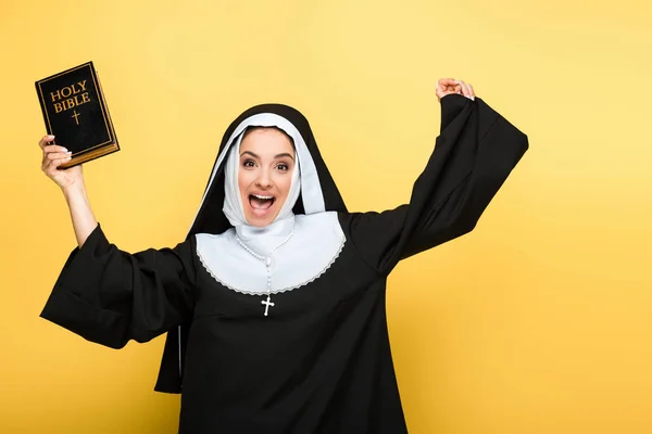 Schöne aufgeregte Nonne mit heiliger Bibel auf grau — Stockfoto