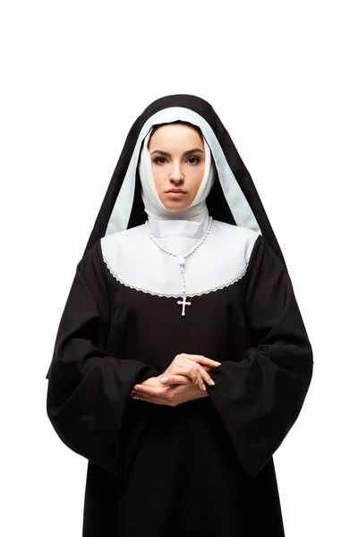 Beautiful serious nun in black clothing, isolated on white — Stock Photo