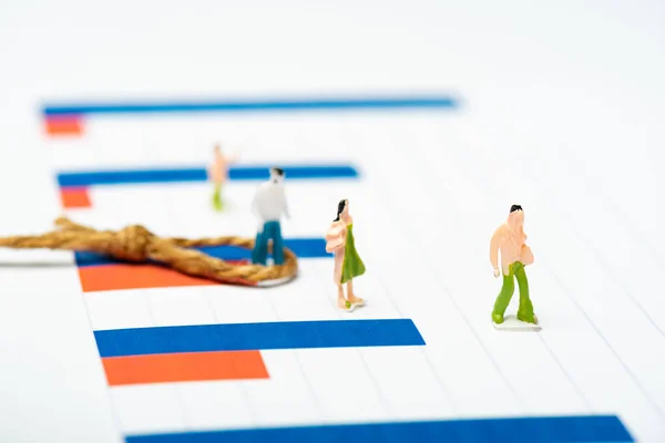 Selective focus of people figures with noose on graphs on white surface, concept of equality — Stock Photo