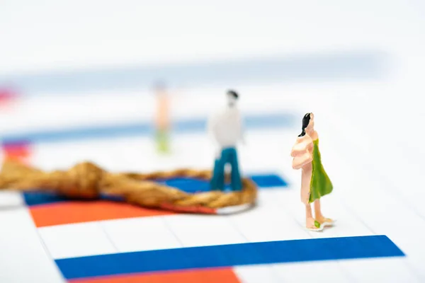 Selektiver Fokus von Plastikfiguren mit Schlinge auf Diagrammen auf weißer Oberfläche, Konzept der Gleichberechtigung — Stockfoto