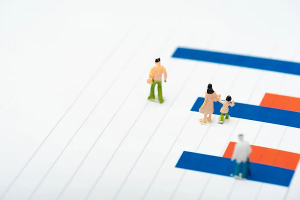 Selective focus of plastic people figures on red and blue charts isolated on white, concept of equality — Stock Photo
