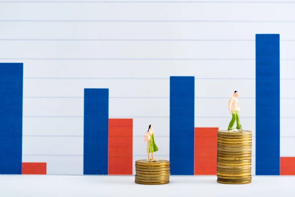 People figures on coins on white surface with charts at background, concept of financial equality — Stock Photo