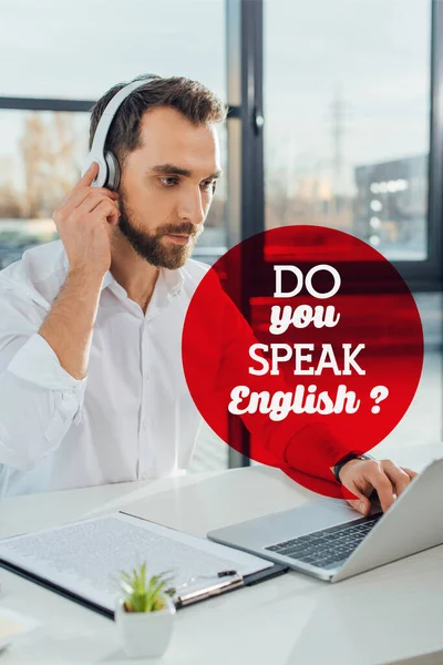 Professional translator working online with headphones and laptop, do you speak English illustration — Stock Photo