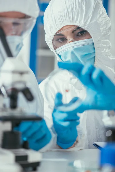 Selective focus of biochemist shhowing petri dish to colleague in laboratory — Stock Photo