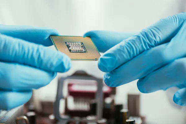 Vista recortada del ingeniero en guantes de goma que sostiene el microchip de la computadora - foto de stock