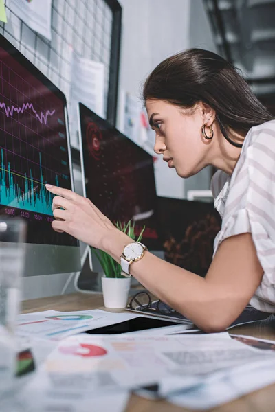 Selective focus of data analyst looking at charts on computer monitor while testing software in office — Stock Photo