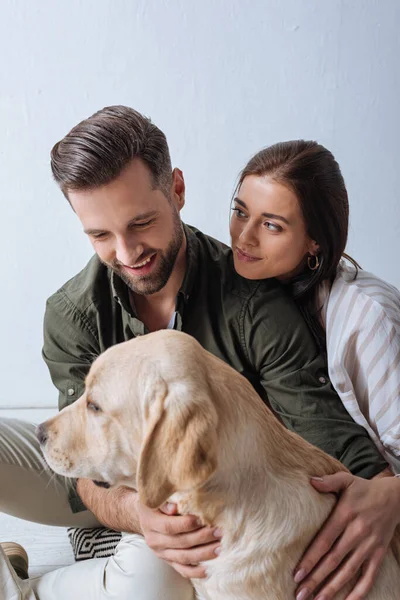 Beautiful woman looking at smiling boyfriend while petting golden retriever on floor on grey background — Stock Photo