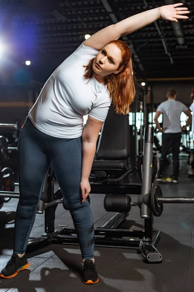 Bonita, chica con sobrepeso calentando mientras hace ejercicio de inclinación lateral - foto de stock