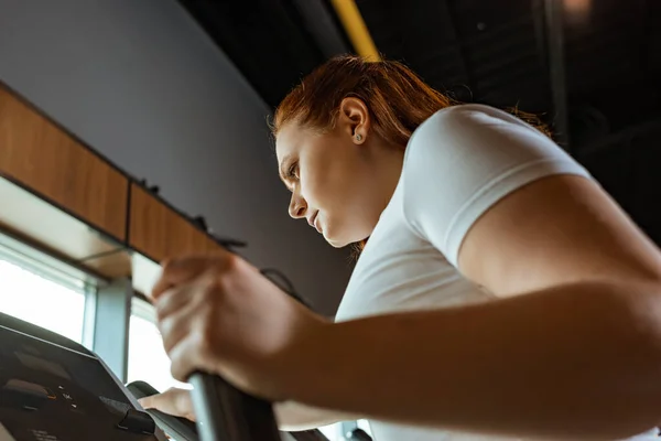 Vue à faible angle de la formation concentrée de fille en surpoids sur stepper dans la salle de gym — Photo de stock