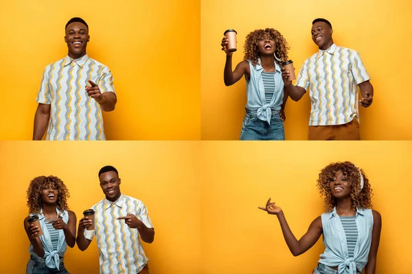 Collage of happy african american couple with coffee to go on yellow background — Stock Photo