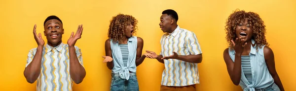 Коллаж эмоциональной африканской пары на желтом фоне — стоковое фото