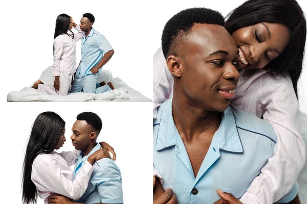 Collage de heureux couple afro-américain étreignant au lit en pyjama isolé sur blanc — Photo de stock